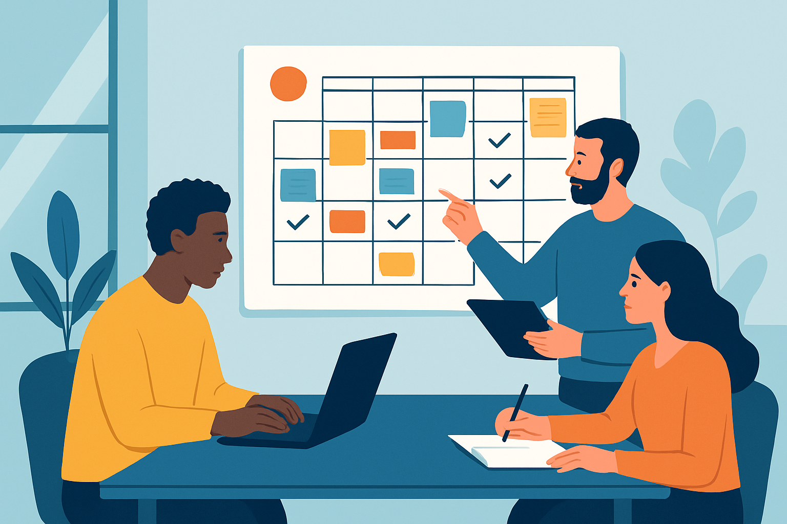 A publishing team collaboratively working on an editorial calendar during a content marketing strategy session