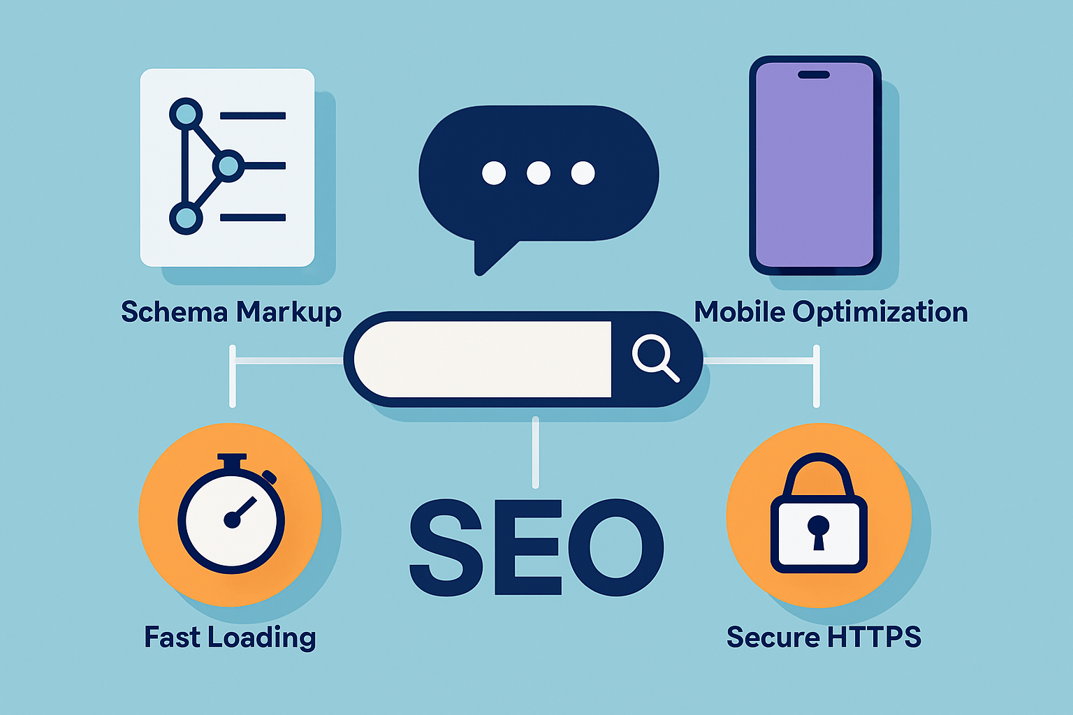 Diagram illustrating key technical SEO elements that enhance conversational search performance.