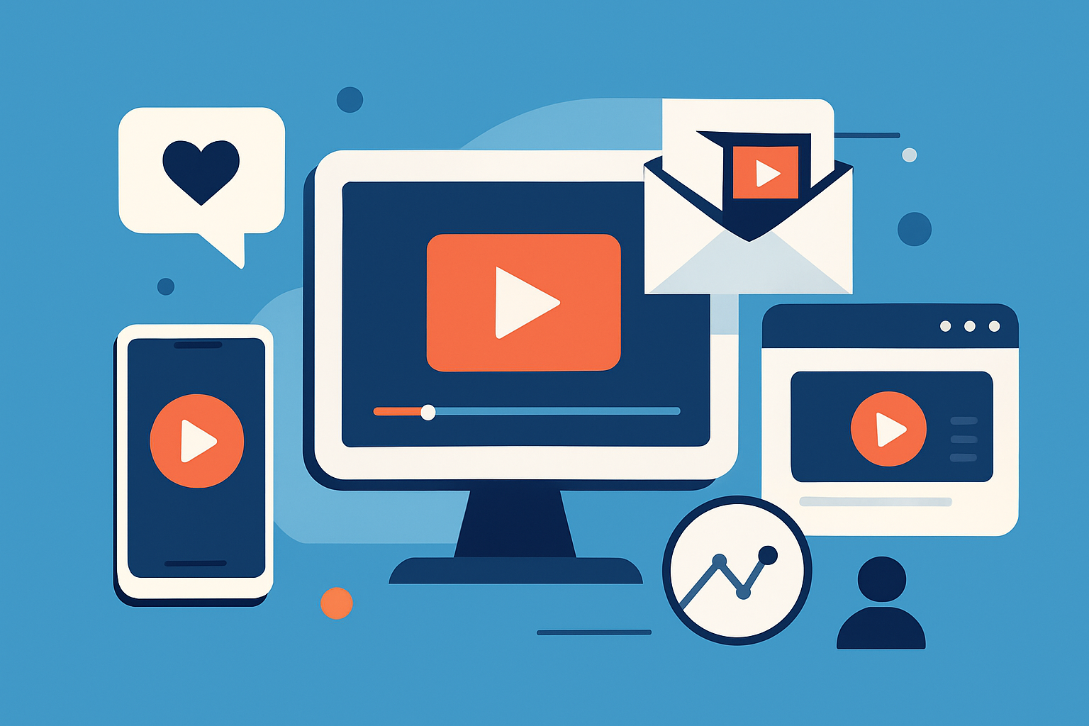 Illustration of cross-channel video promotion showing social media, email, and blog integration for amplified reach