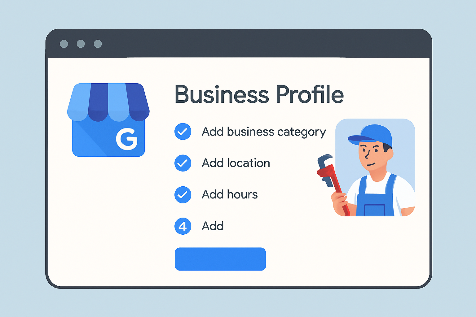 Google My Business setup dashboard with plumbing business information