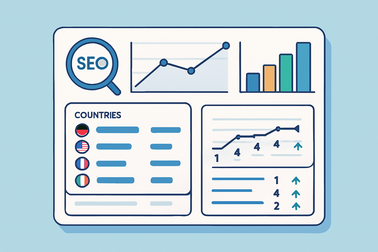 An example interface of an international SEO tracker displaying multi-country keyword rankings and analytics.
