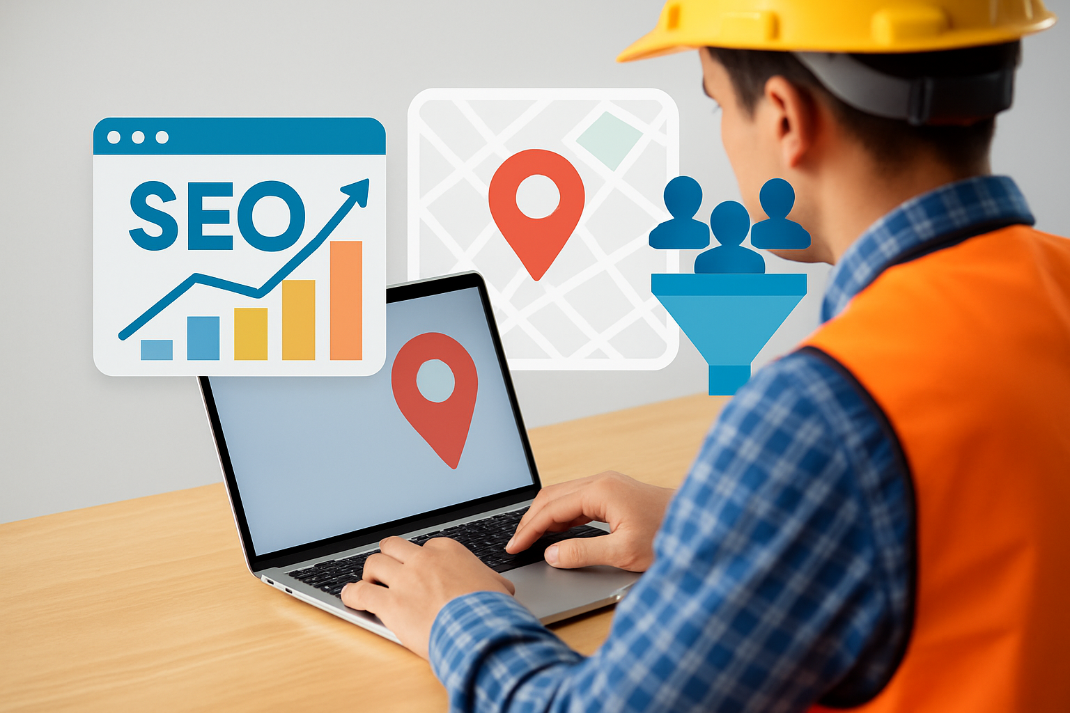 Contractor optimizing local SEO strategies using advanced digital tools and maps highlighting local leads
