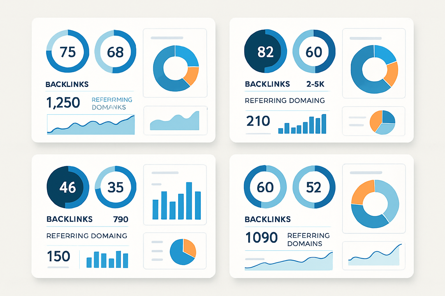 Diagram or screenshot comparing backlink overview dashboards of Majestic SEO, Semrush, Moz, and Mangools