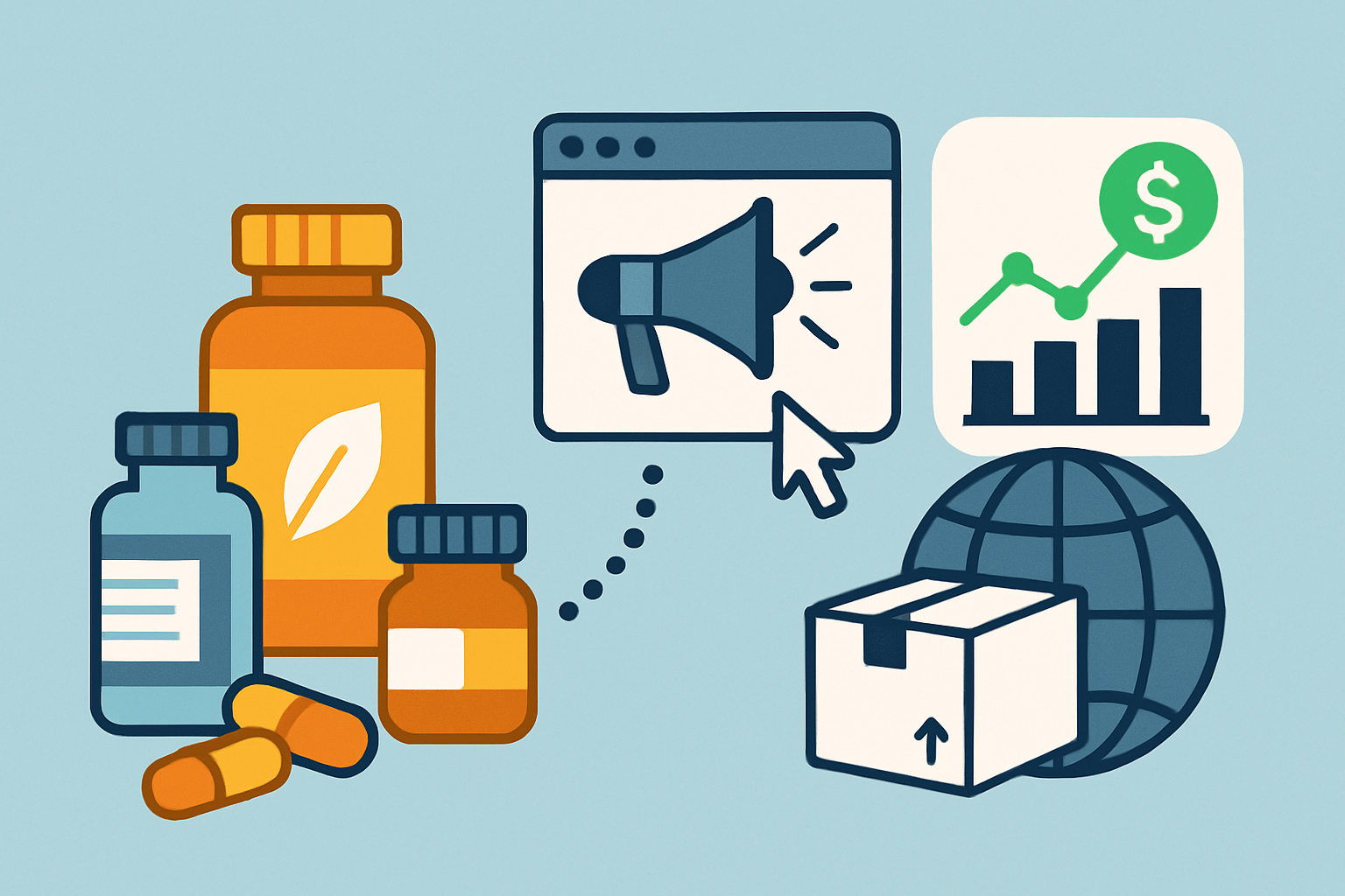 Visual overview showing supplements products, affiliate marketing success, and international reach.