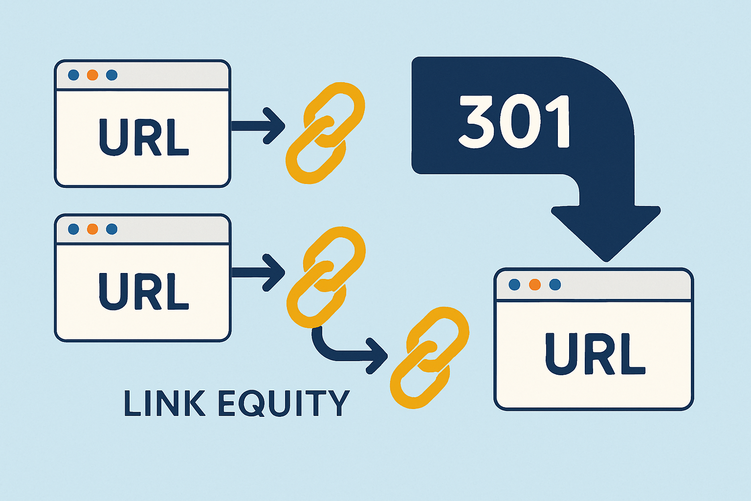 Visual explanation of how 301 redirect backlinks transfer link equity through redirect chains to the destination URL.
