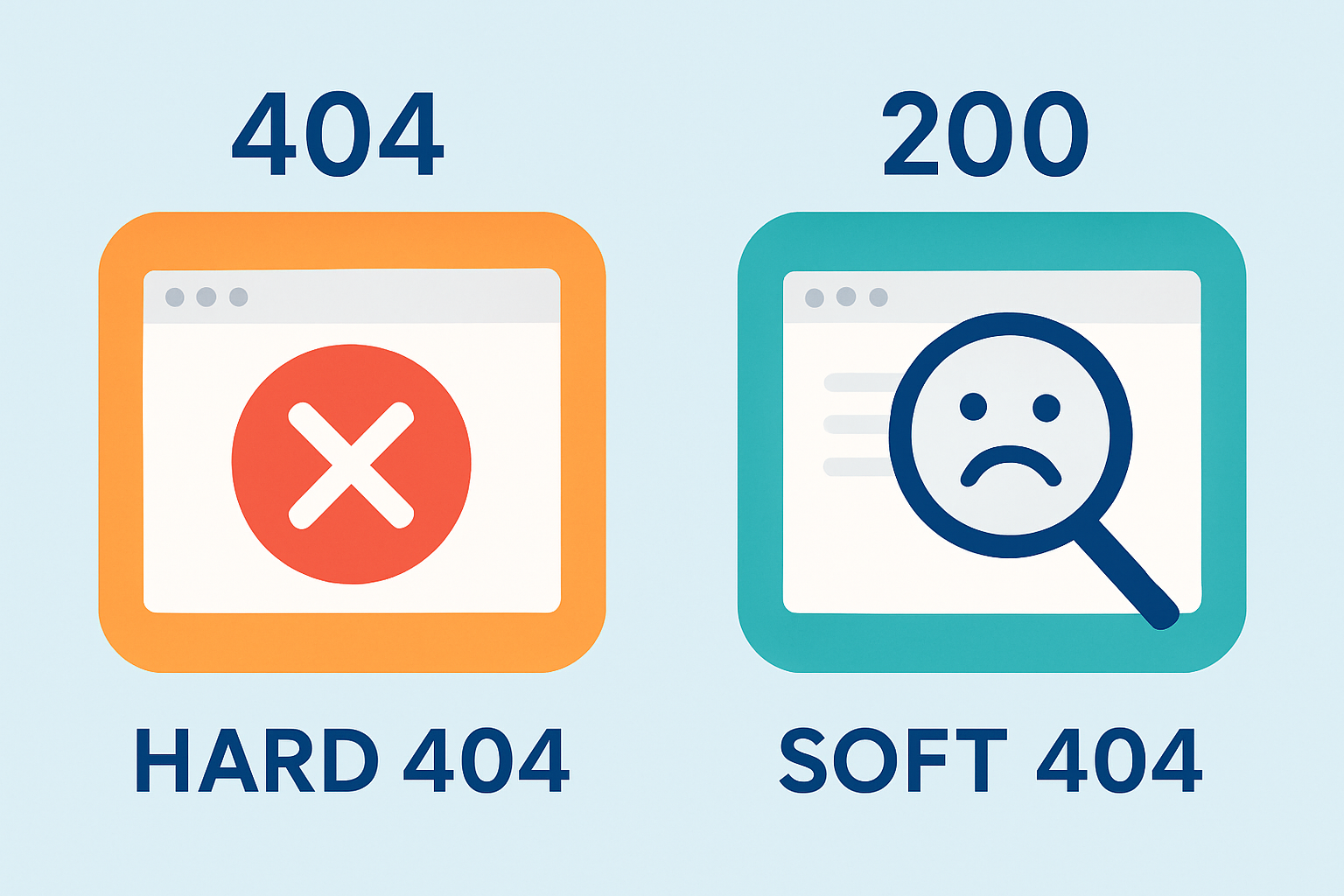 Illustration comparing hard 404 error page with proper 404 status and a soft 404 page showing error content but returning a 200 status.