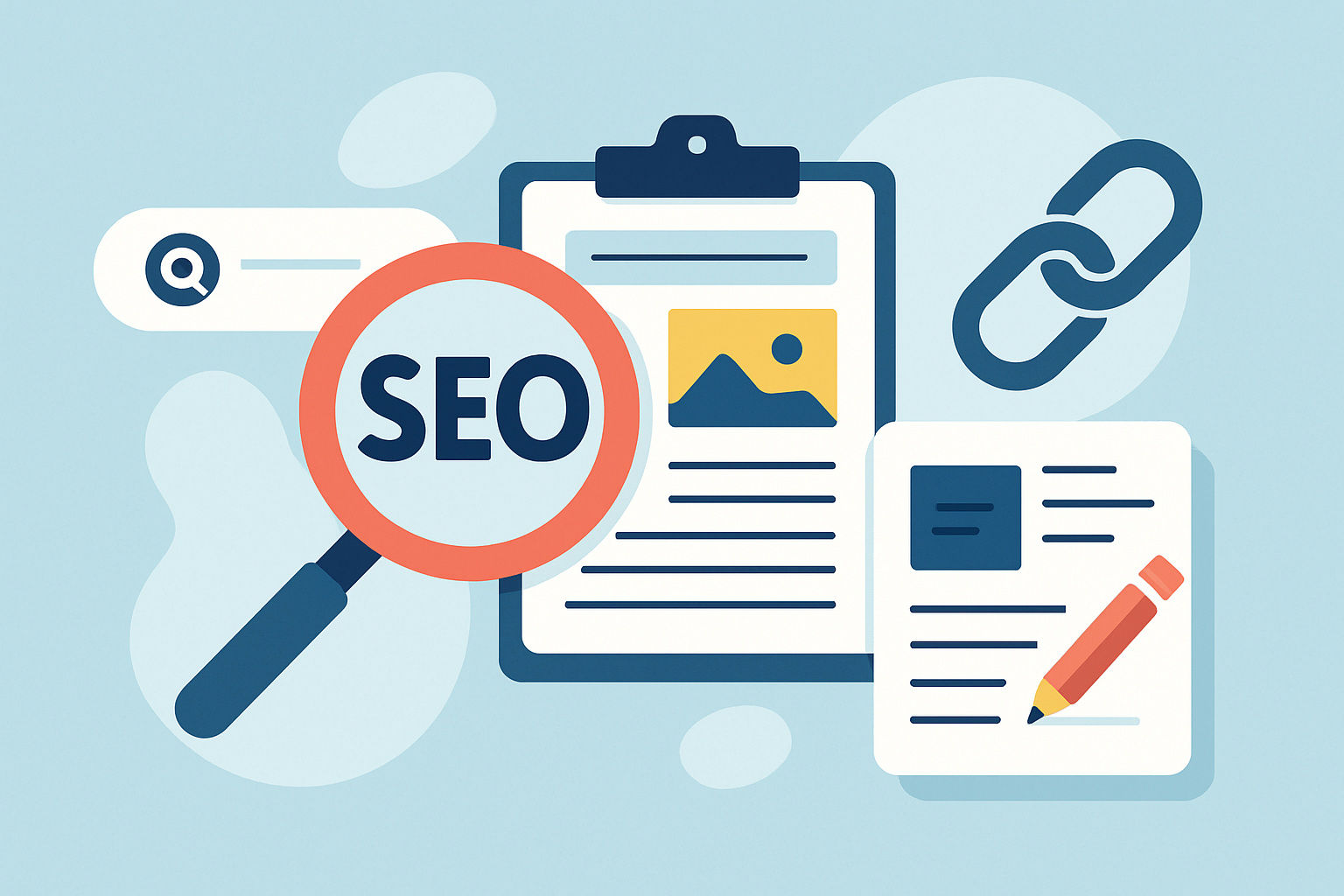 Visual representation of foundational SEO strategies highlighting keyword research, technical SEO, backlinking, and content creation.
