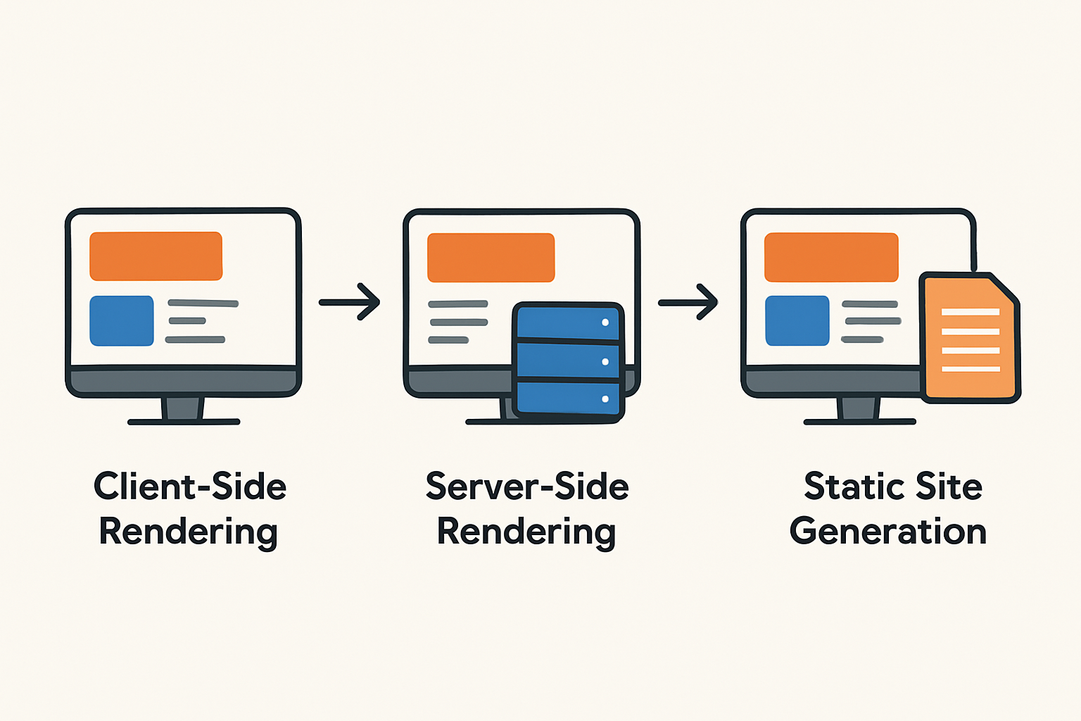 Visual comparison of rendering techniques: client-side, server-side, and static site generation