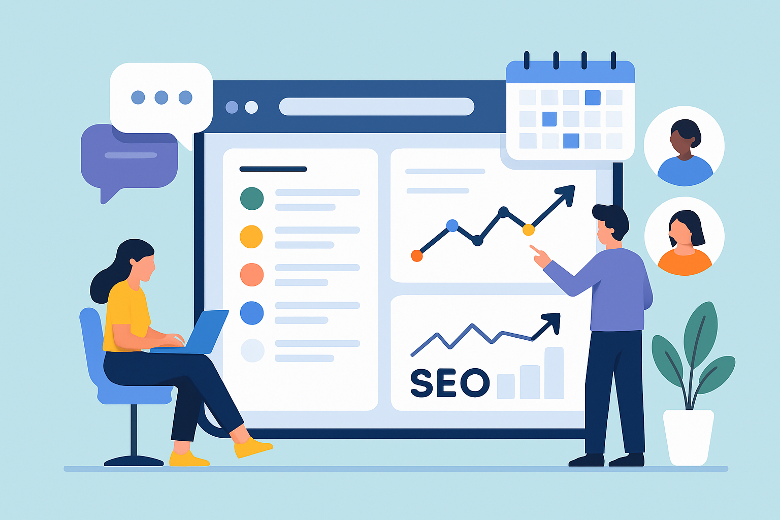 SEO project management dashboard showcasing task assignments, deadlines, SEO metrics, and team collaboration in a unified interface