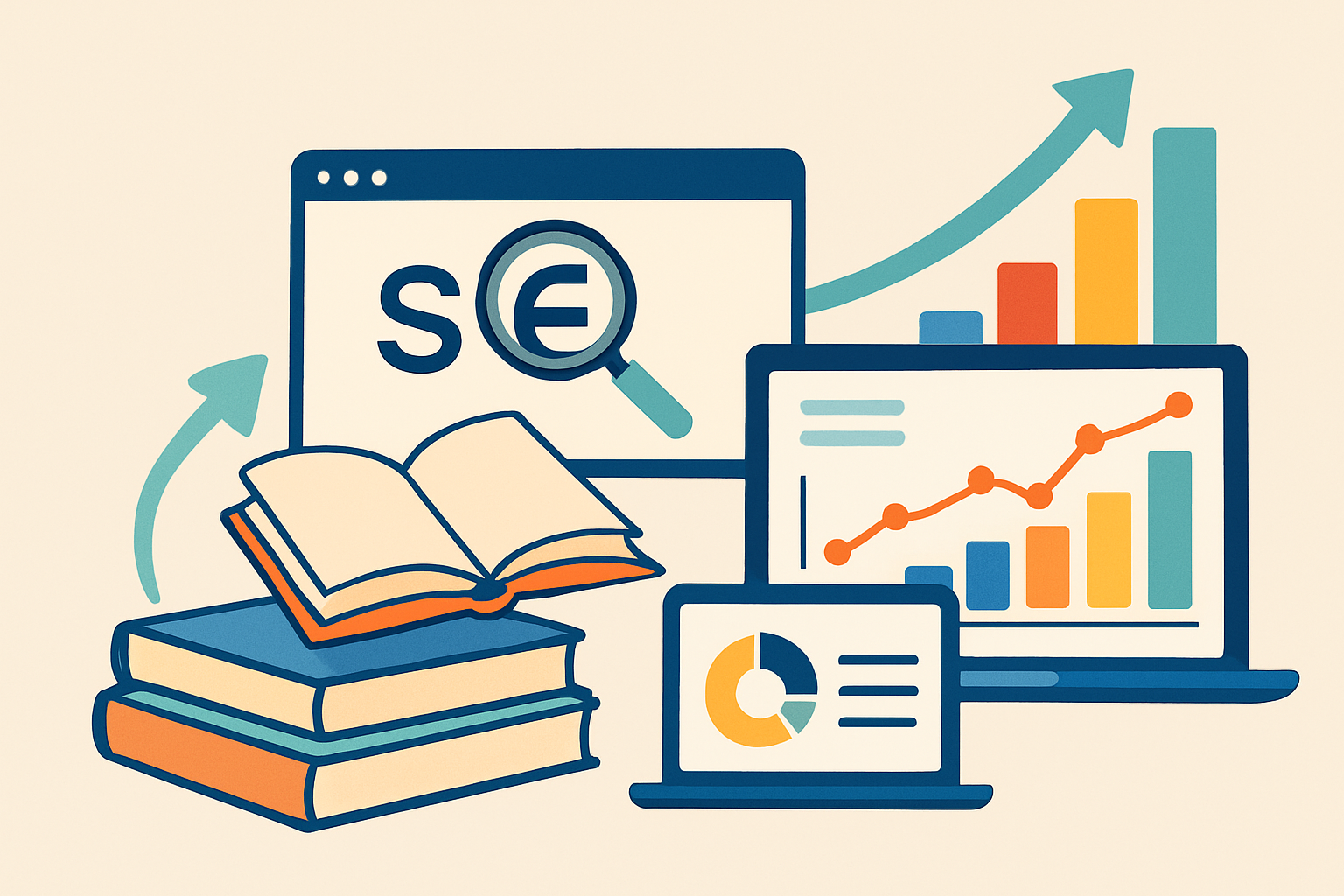 Illustration of SEO learning journey combining theoretical knowledge from books with practical application using SEO tools like Semrush, Moz, and Mangools