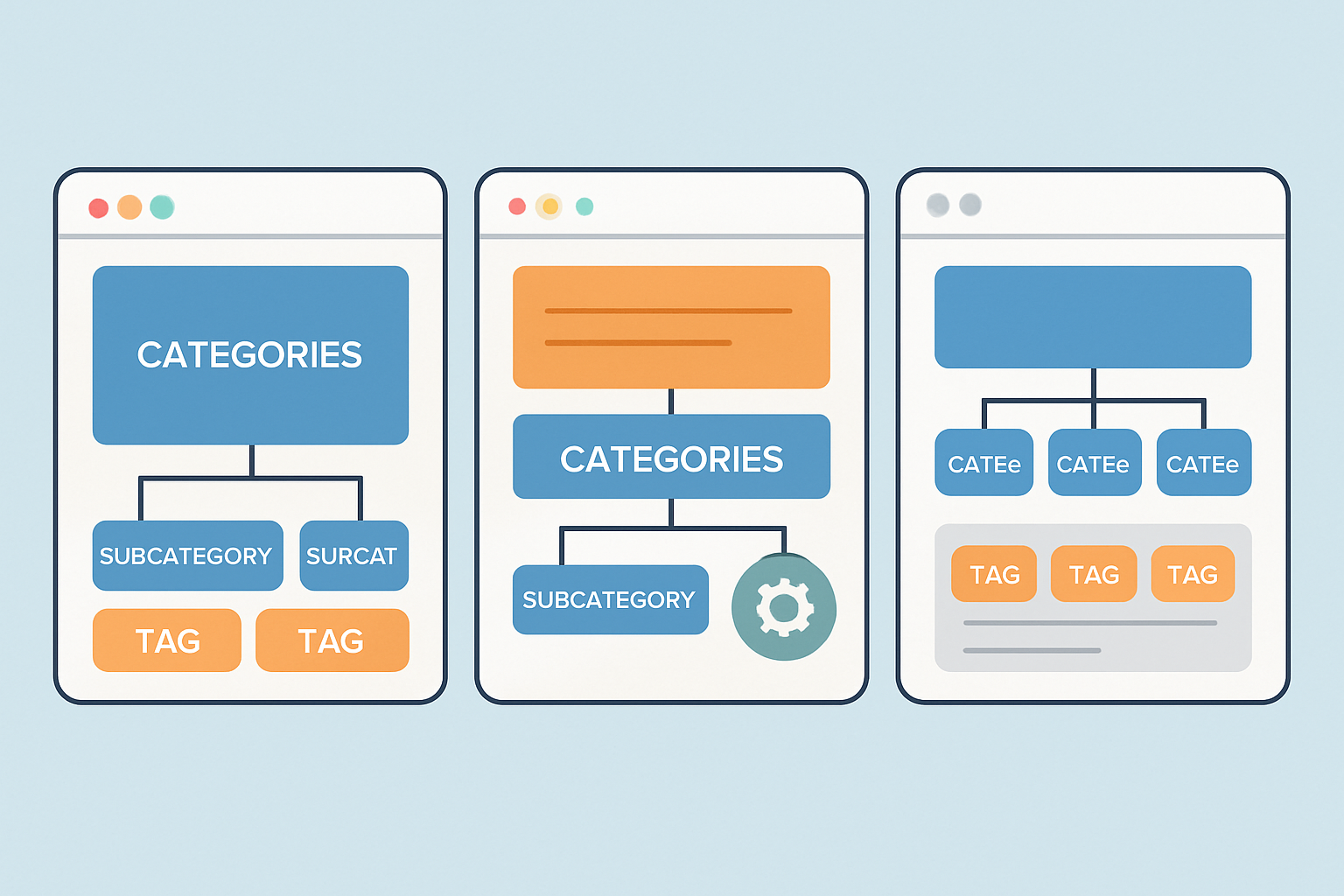 Infographic demonstrating taxonomy SEO implementations across e-commerce, blogs, and educational websites
