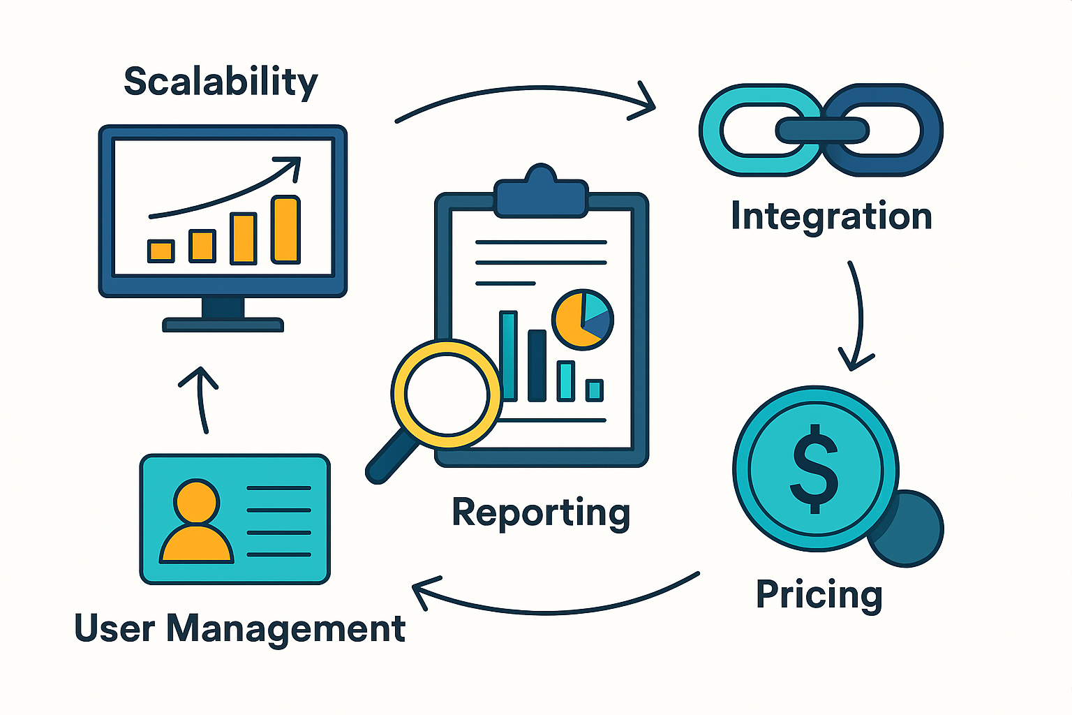 Visual infographic summarizing the key factors in enterprise SEO SaaS tool selection