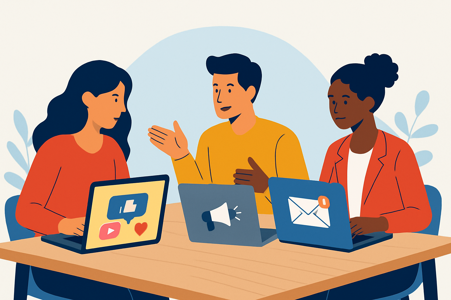 Team collaborating on diverse promotional strategies including social media, advertising, and email marketing.
