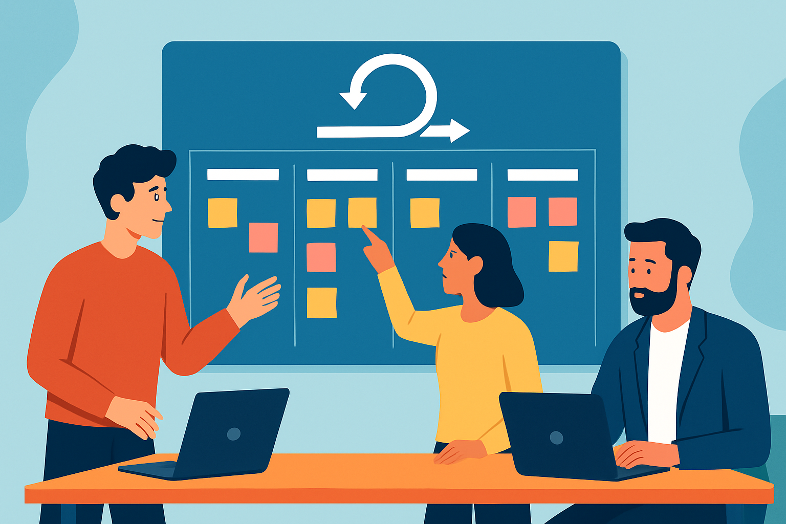 Marketing team collaboratively planning content sprints using an agile workflow board.