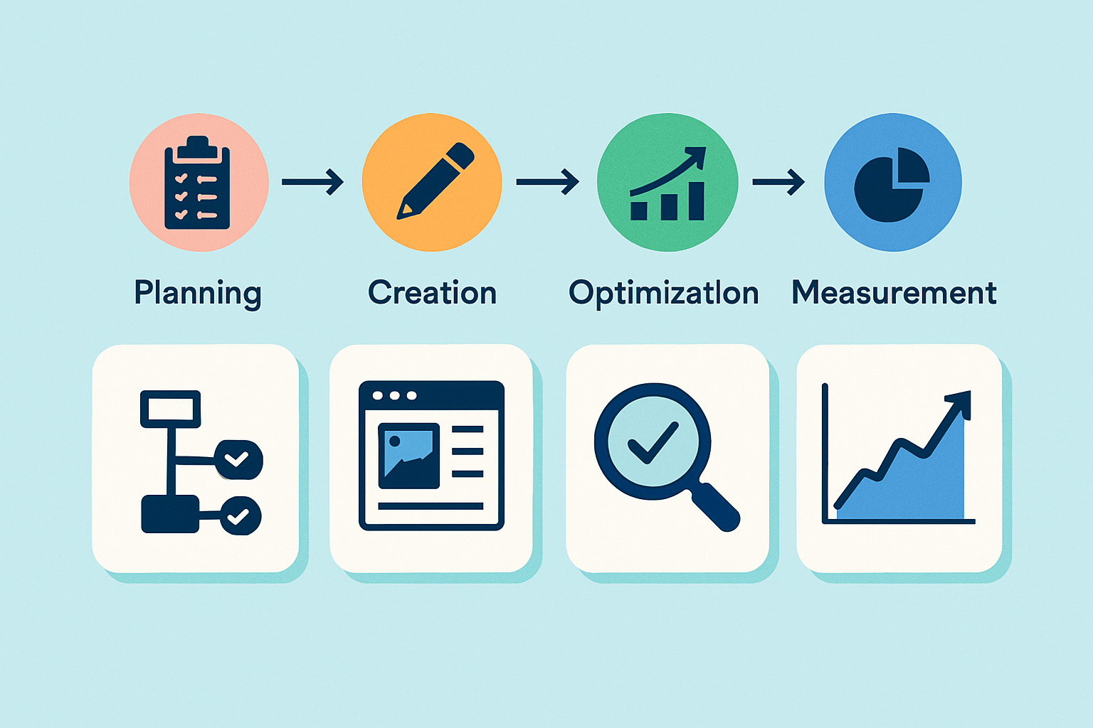 Visual representation of the high-performance content strategy workflow and its impact on business metrics