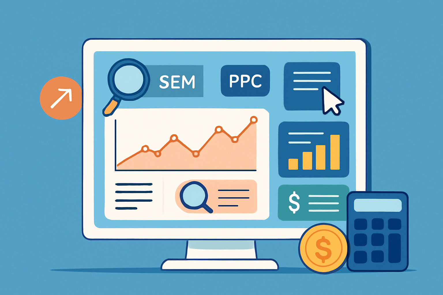 A digital marketing dashboard showing key SEM and PPC performance metrics including traffic, conversions, and cost efficiency.