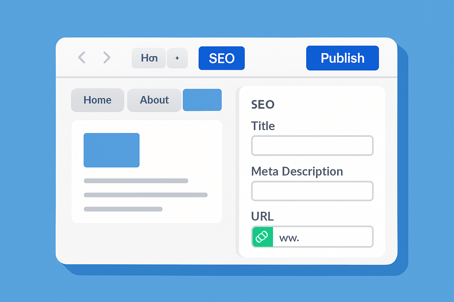 Screenshot of Weebly editor showing SEO optimization fields like page title, meta description, and URL settings
